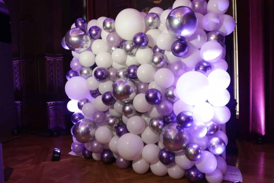 Purple & Lavender Organic Balloon Wall with LED Lighting for Bat Mitzvah Photo Booth