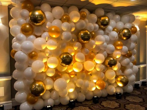 White & Gold Organic Balloon Wall with Metallic Orbz and LED Lighting for Sweet Sixteen Photo Booth