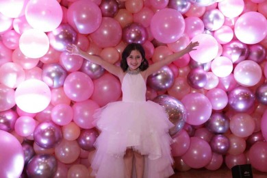 Rose Gold, Pink & Silver Balloon Wall with LED Lighting for Communion