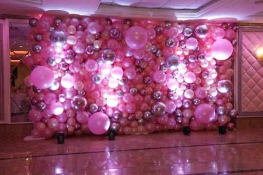 Rose Gold, Pink & Silver Balloon Wall with LED Lighting for Communion at Season Catering