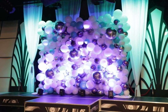 Purple & Turquoise Organic Balloon Wall with Black & White Marble Balloons for Galaxy Themed Bat Mitzvah at Powerhouse Studios, Paramus