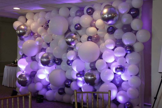 Organic Balloon Wall Backdrop with Purple & Silver Balloons & LED Uplighting for Bat Mitzvah at the Davenport Club