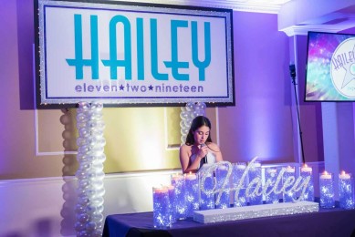 Lavender & Silver Candle Lighting Display with LED Cylinders & Aqua Gems