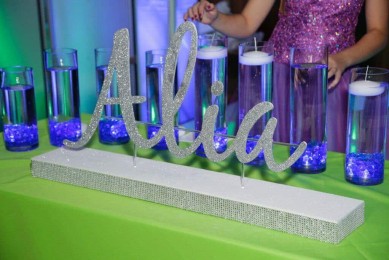 LED Candle Lighting Display with Custom Glittered Name & Cylinders with Floating Candles