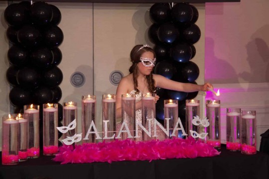 Masquerade Candle Lighting Display with Pink LED Cylinders, Floating Candles & Glittered Name