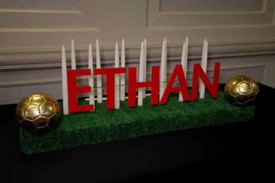 Soccer Themed Candle Lighting Display with Name, Turf Base & Gold Soccer Balls