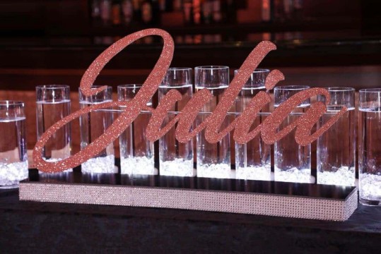 LED Candle Lighting Display with Rose Gold Glitter Name & White LED Cylinders