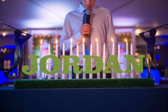 LED Lighting Display  with Traditional Candles and Name Over Turf Base for Sports Theme Bar Mitzvah