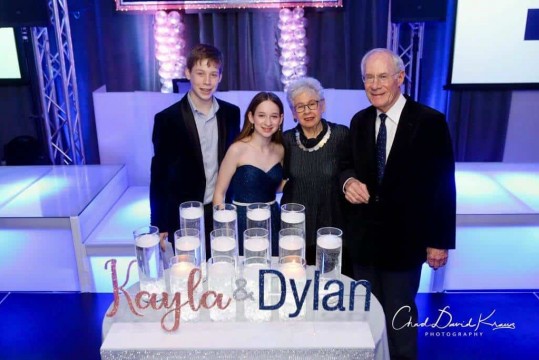 B'nai Mitzvah Candle Lighting Display with Rose Gold & Navy Glittered Names and White LED Cylinders
