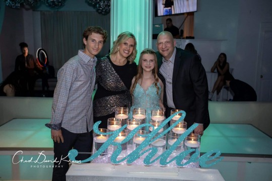 Turquoise Candle Lighting Display with Clear LED Cylinders for Bat Mitzvah at Coliseum, White Plains