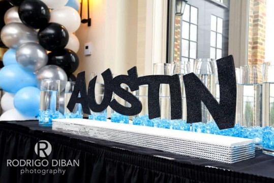 Bar Mitzvah Candle Lighting Display with Graffiti Name & Pale Blue LED Cylinders
