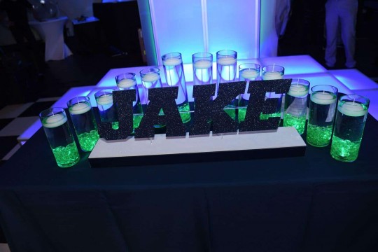 Navy Name Display with  Lime LED Cylinders for Bar Mitzvah Candle Lighting Display
