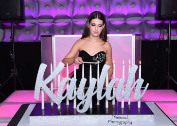 Bat Mitzvah Candle Lighting Display with Silver Glitter Name & Black & Silver Bling Base