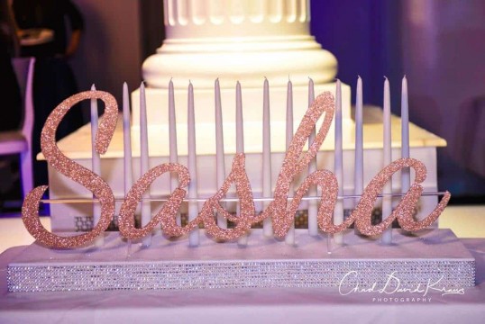 Candle Lighting Display with Rose Gold Glitter Name, Silver Bling Base & White Pillar Candles