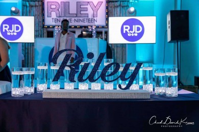 Navy Glittered Name Display with White LED Cylinders & Floating Candles