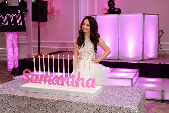 Traditional Candle Lighting Display with Silver Glitter Candles for Bat Mitzvah
