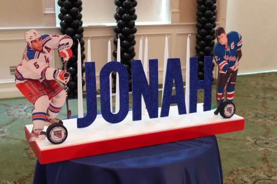 Hockey Themed Candle Lighting Display for Rangers Themed Bar Mitzvah