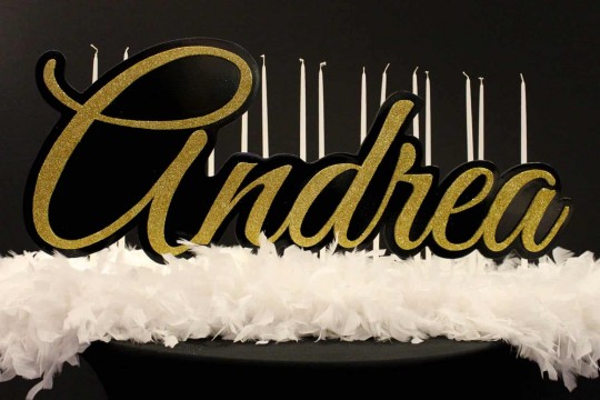 Sweet Sixteen Candle Lighting with Feather Trim & Script Glitter Name