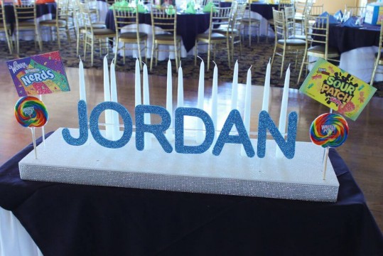 Candy Themed Candle Lighting Display with Glittered Name