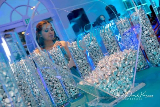 Acrylic Heart Candle Lighting Display with Hershey Kisses for Bat Mitzvah