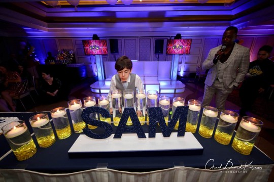 Navy Name Display with Yellow LED Cylinders for Bar Mitzvah Candle Lighting Ceremony