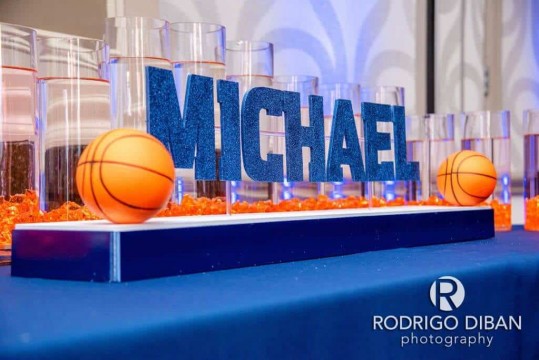 Basketball Themed Candle Lighting Display with Glittered Name and Orange LED Cylinders