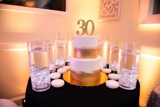 White LED Cylinders around Custom Cake for 30th Birthday