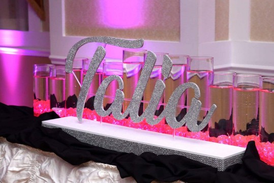 Silver Name Display  with Hot Pink LED Cylinders for Bat Mitzvah Candle Lighting