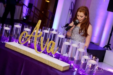 LED Bat Mitzvah Candle Lighting with Gold Glitter Name & Purple Cylinders
