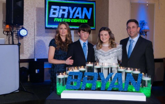 LED Bar Mitzvah Candle Lighting Display with Blue Name & Lime Cylinders