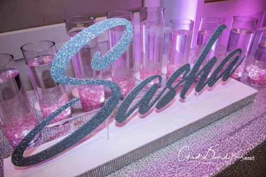 LED Candle Lighting with Silver Glitter Name & Light Pink Cylinders with Floating Candles
