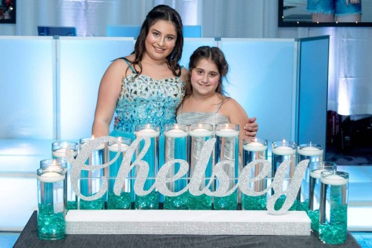 LED Bat Mitzvah Candle Lighting with Silver Glitter Name & Turquoise Cylinders