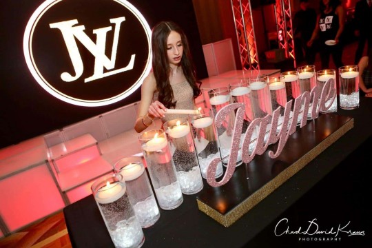 LED Candle Lighting Display with Rose Gold Glitter Name