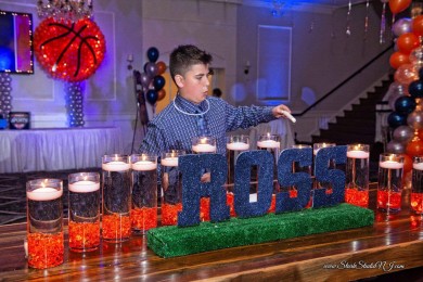 LED Candle Lighting Display with Navy Glittered Name & Orange Cylinders