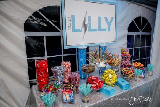Pale Blue Accented Custom Candy Bar Set Up with Variety of Wrapped Candies and Custom Sign for Tent Bat Mitzvah Party