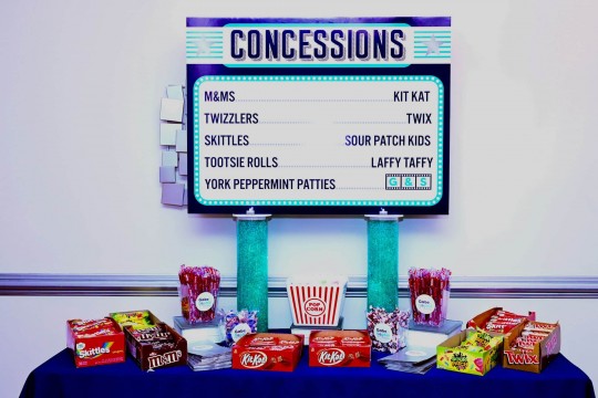 Custom Concessions Sign on LED Cylinders for Movie Themed B'nai Mitzvah
