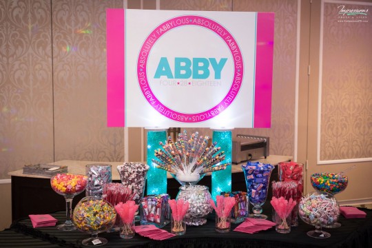 Pink & Turquoise Candy Bar Set Up with Assortment of Candies and Custom Logo Sign for Bat Mitzvah