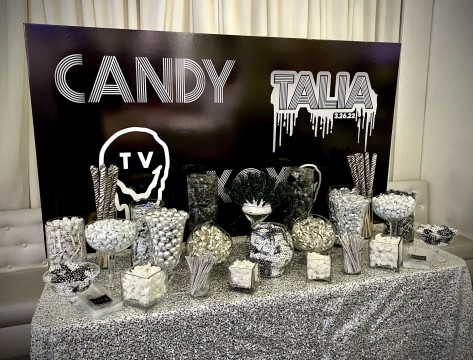 Bat Mitzvah Candy Bar with Black, White & Silver Candy and Custom Sign