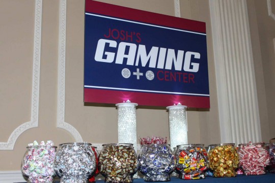Video Game Themed Bar Mitzvah Candy Bar Setup with Custom Sign