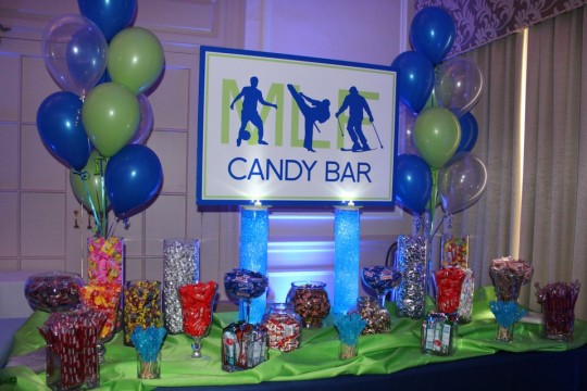 Bar Mitzvah Candy Bar Display with Custom Logo Sign & Balloons