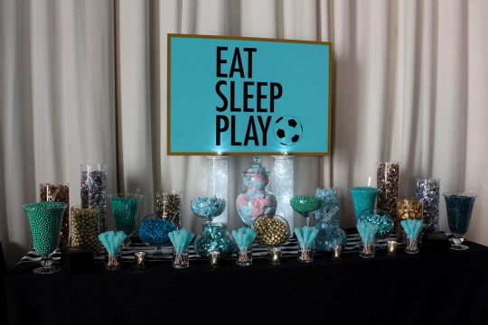 Soccer Themed Bat Mitzvah Candy Bar with Turquoise & Gold Candy & Custom Logo Sign
