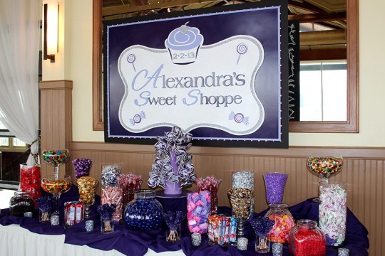 Sweet 16 Purple Themed Candy Bar Setup with Custom Backdrop
