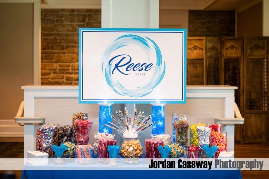 Candy Bar with Custom Logo Sign for Swim Themed Bat Mitzvah