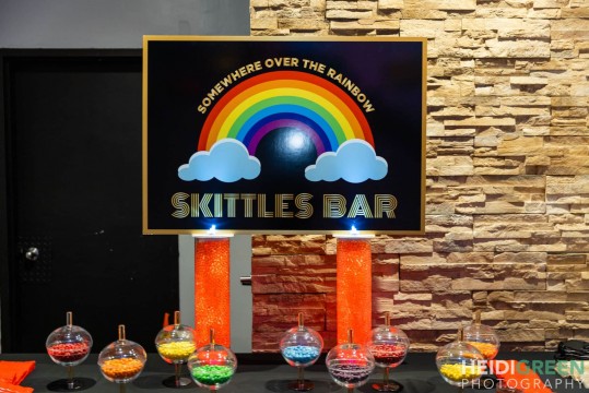 Custom Rainbow Themed Skittles Bar Sign on LED Cylinders