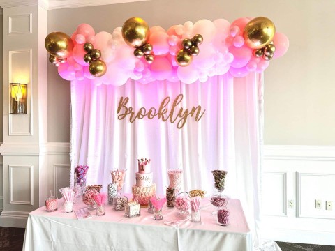 Birthday Party Candy Bar with Balloon Garland & Custom Glitter Name on Draping