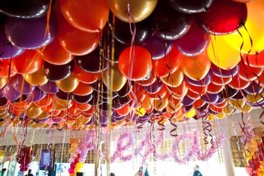 Fall Colored Balloons on Ceiling with Shimmer Ribbon