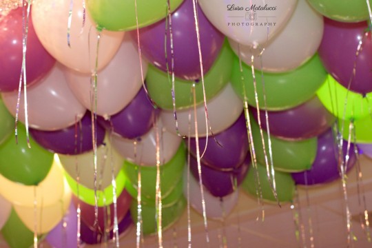 Lavender & Lime Ceiling Balloons with Silver Shimmer Ribbon