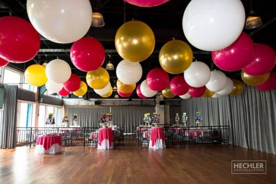 Hot Pink, Gold & White 3' Balloons over Dance Floor at Sunset Terrace, Chelsea Piers