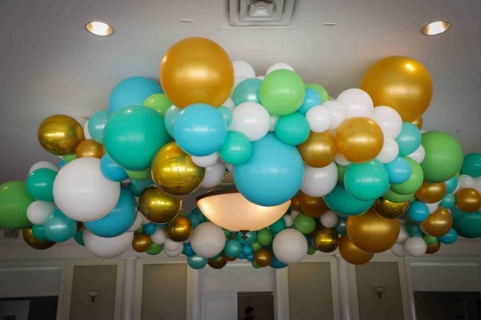 Turquoise & Gold Organic Ceiling Balloon Sculpture at Hampshire Country Club