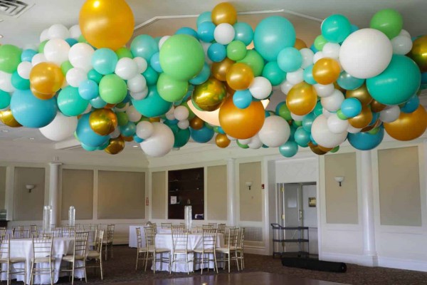 Turquoise & Gold Organic Ceiling Balloon Sculpture at Hampshire Country Club
